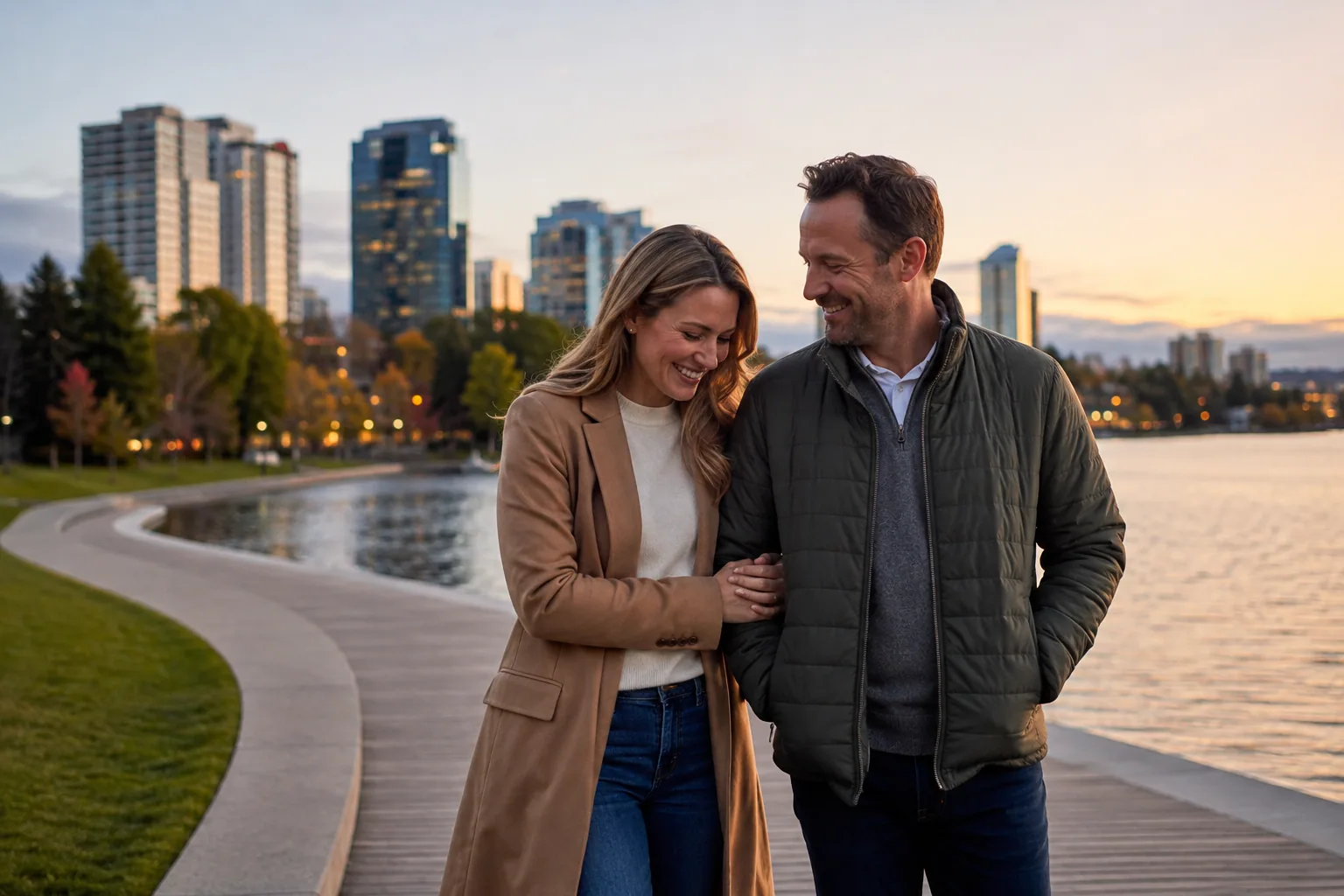 A couple enjoying an evening walk at Bellevue Downtown Park