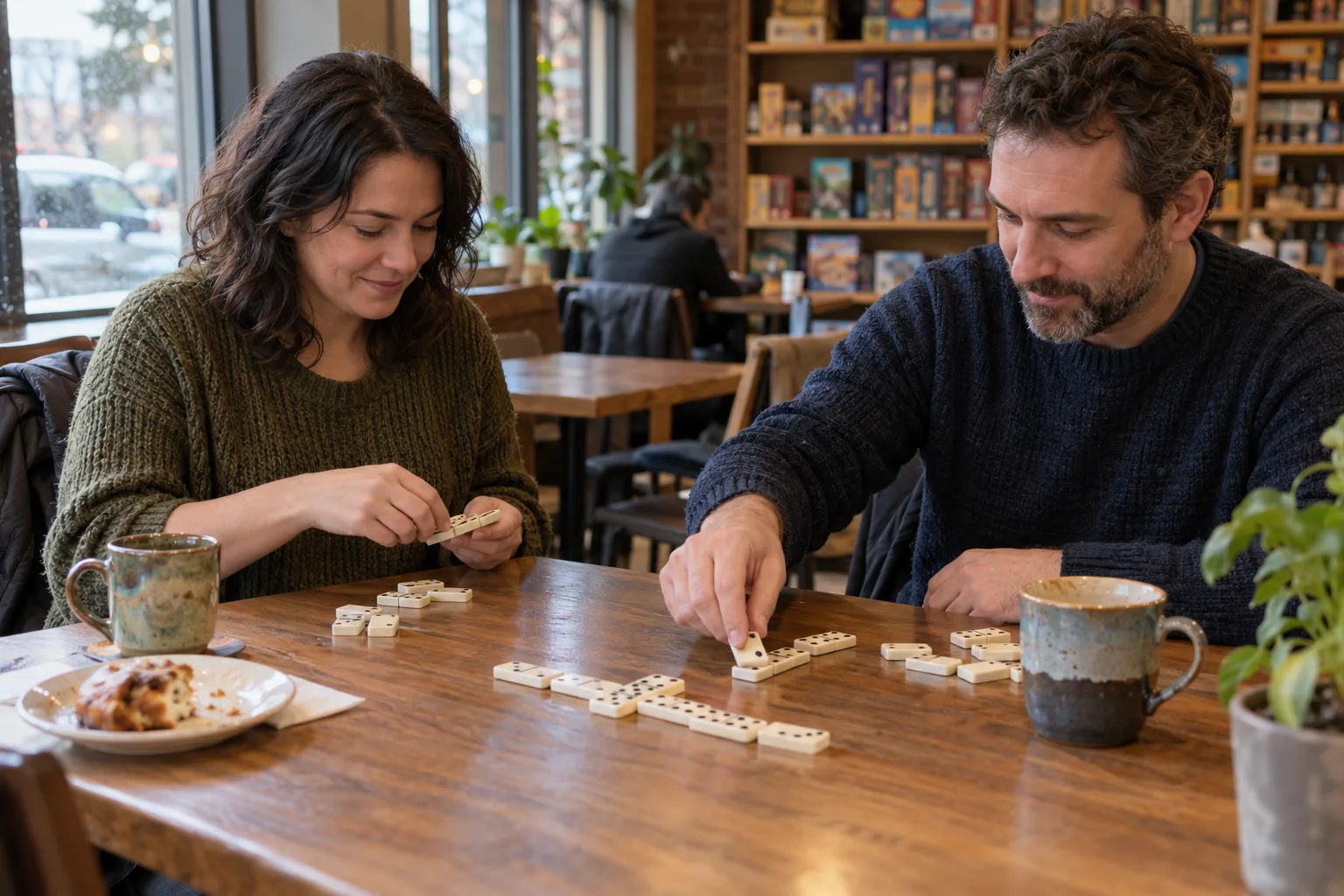 Two adults setting out dominoes over coffee during a casual cafe meeting