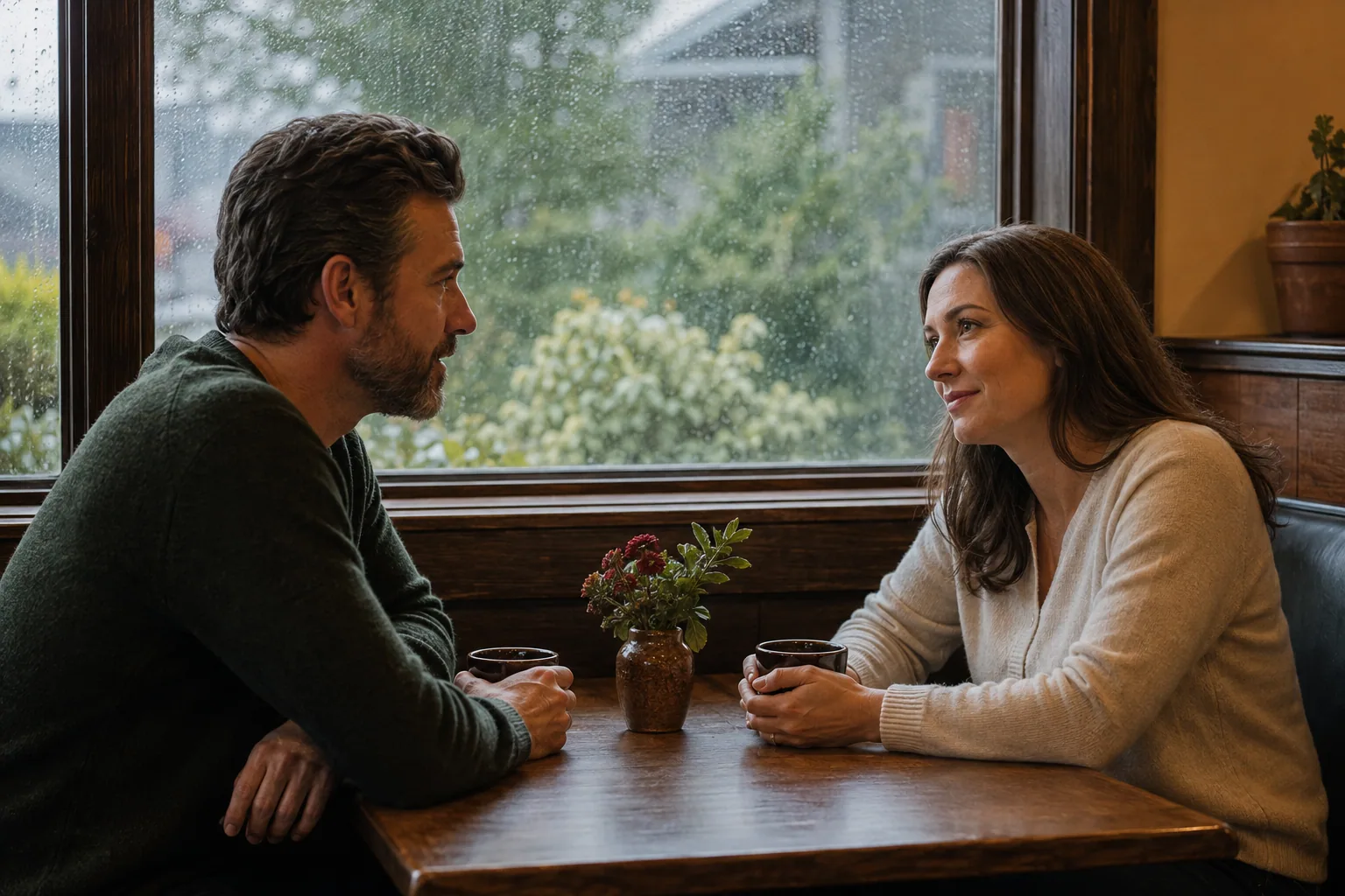 Two adults having a calm and attentive conversation in a Seattle café