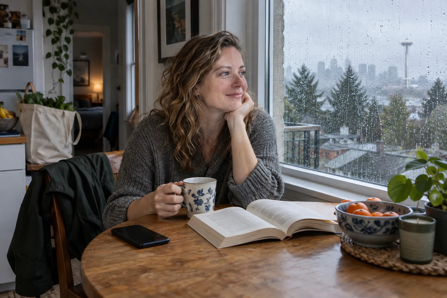 A woman taking a quiet morning at home before making plans in Washington