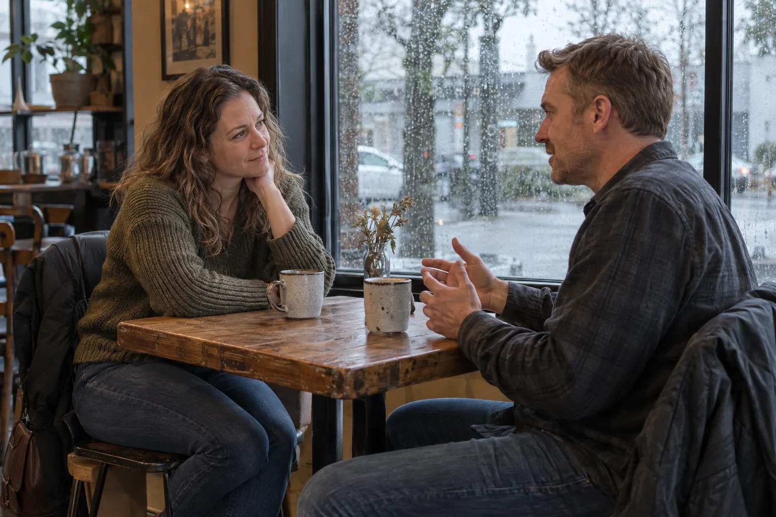 Two adults having a calm private conversation over coffee on a rainy Washington afternoon