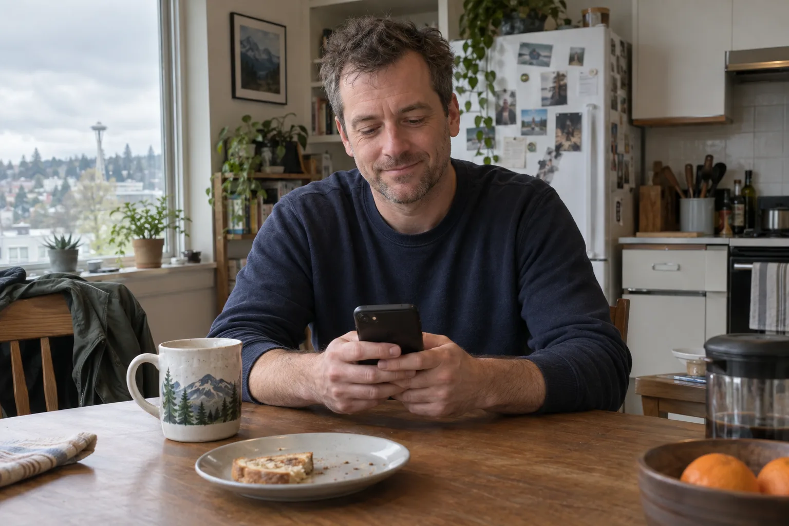 A man taking a quiet moment with his phone and coffee at his kitchen table