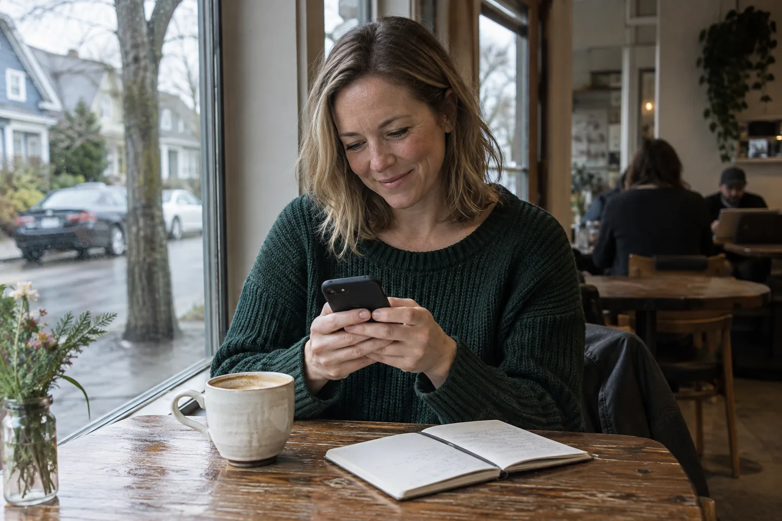 A woman considering what to write on her phone over coffee at a neighborhood café