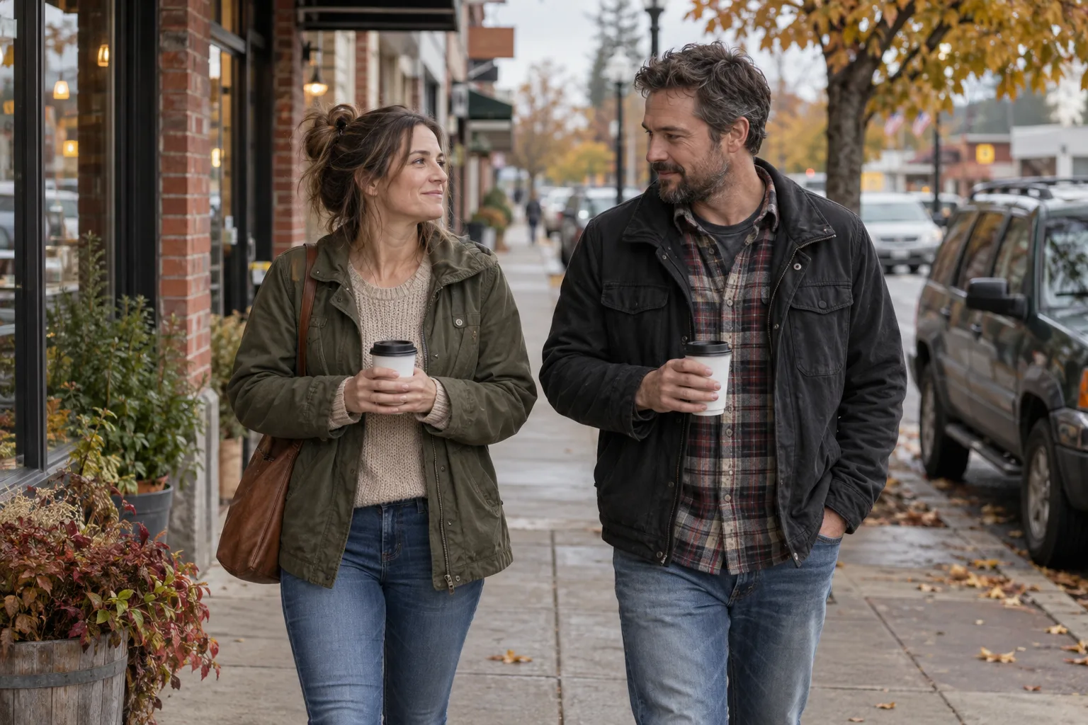 Two adults getting acquainted over takeaway coffee on a small-town sidewalk
