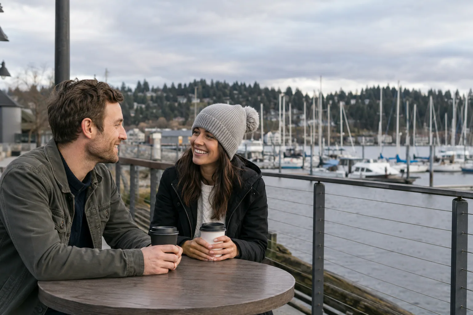 A couple enjoying a relaxed date at the Everett marina
