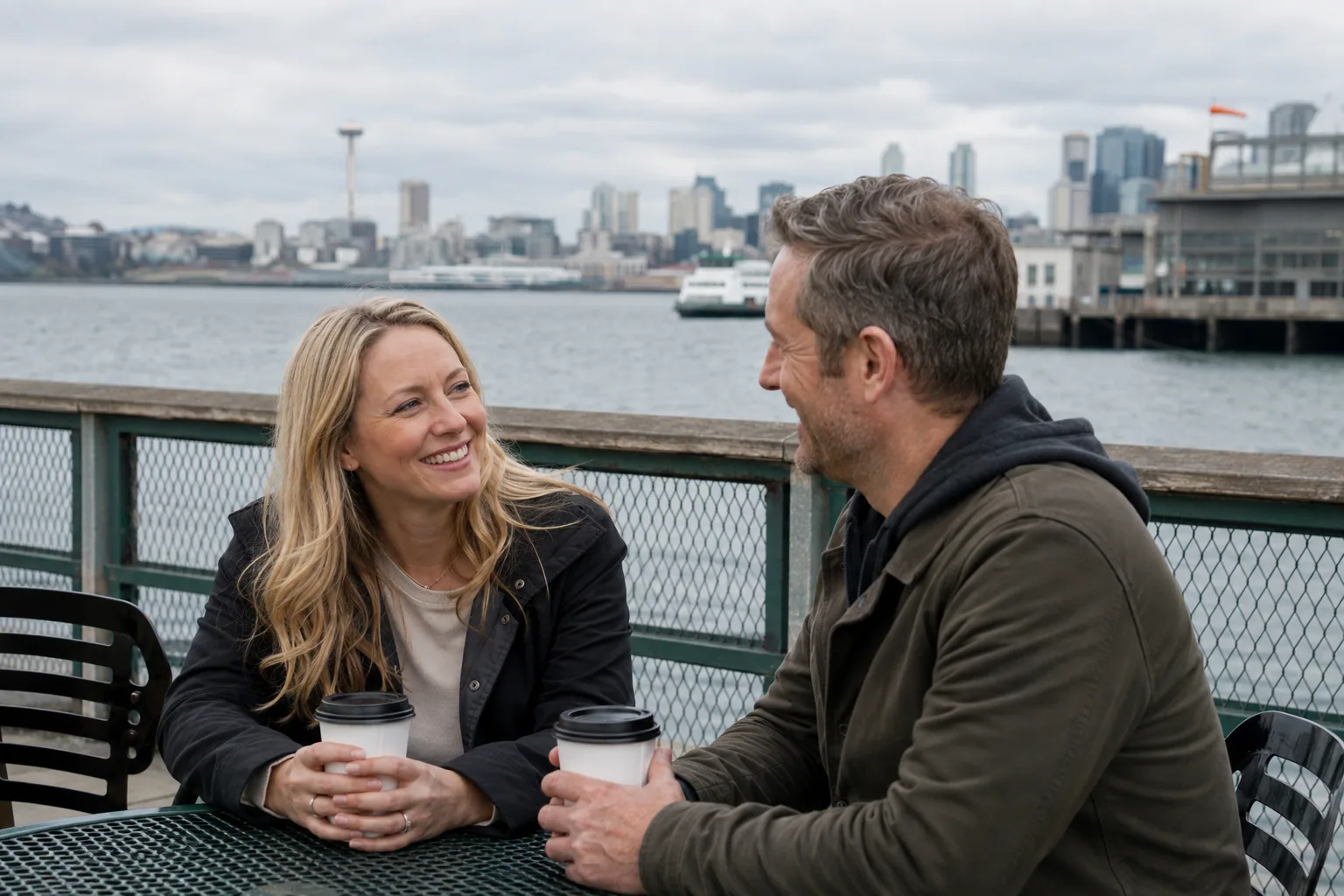 A Seattle couple sharing coffee beside Elliott Bay