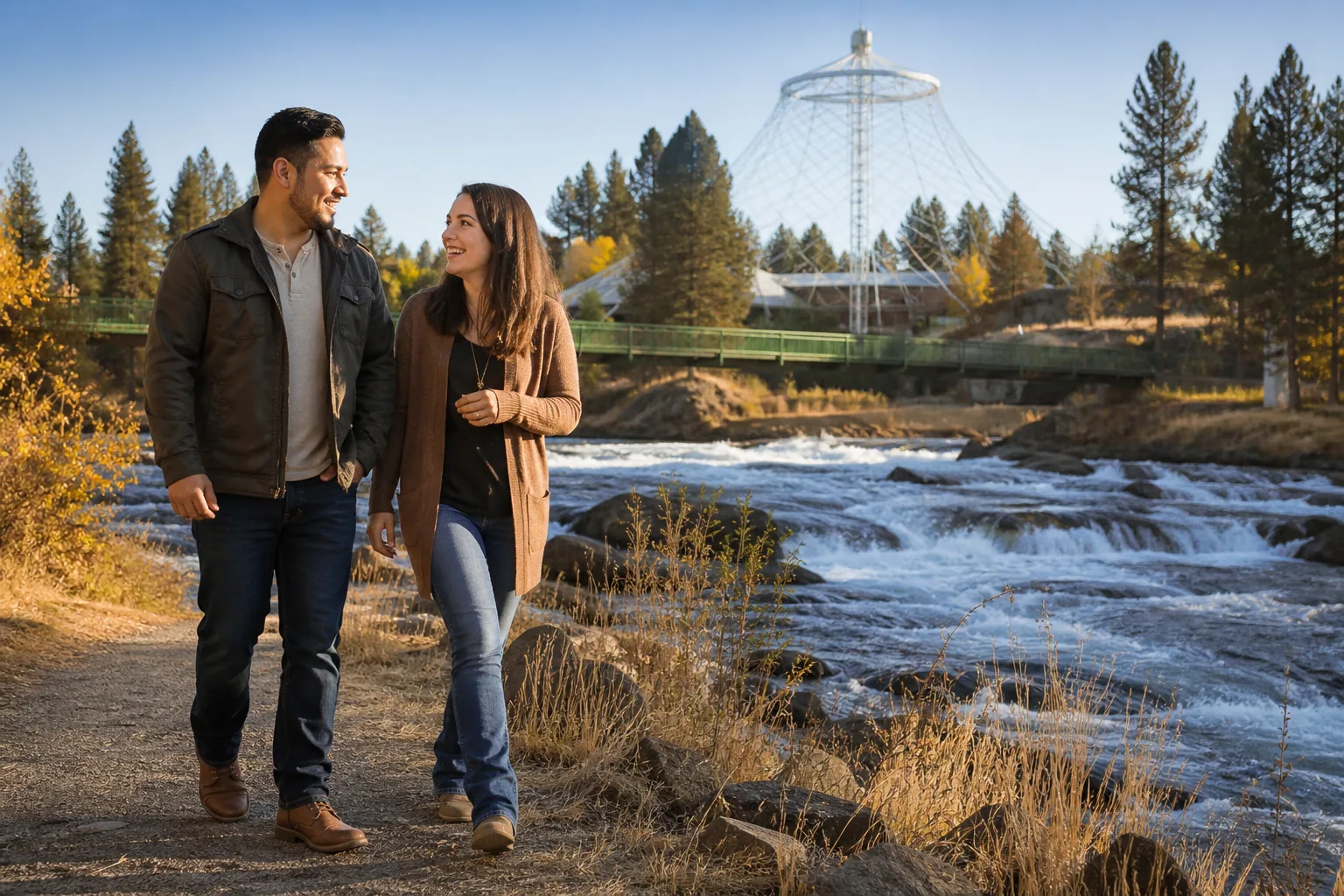 A couple on a casual date beside the Spokane River