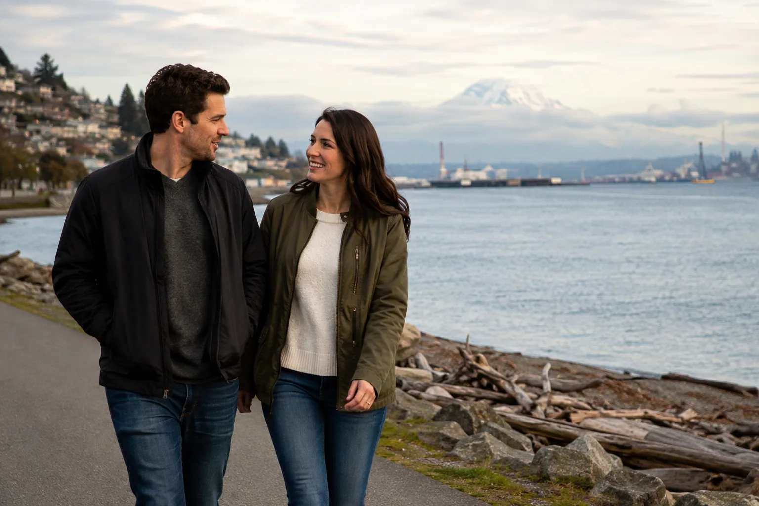 A couple walking together on the Tacoma waterfront