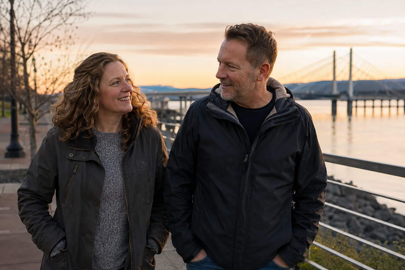 A couple walking beside the Columbia River in Vancouver Washington